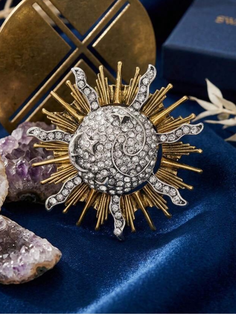 Radiant Sunburst Gold Silver Crystal Brooch